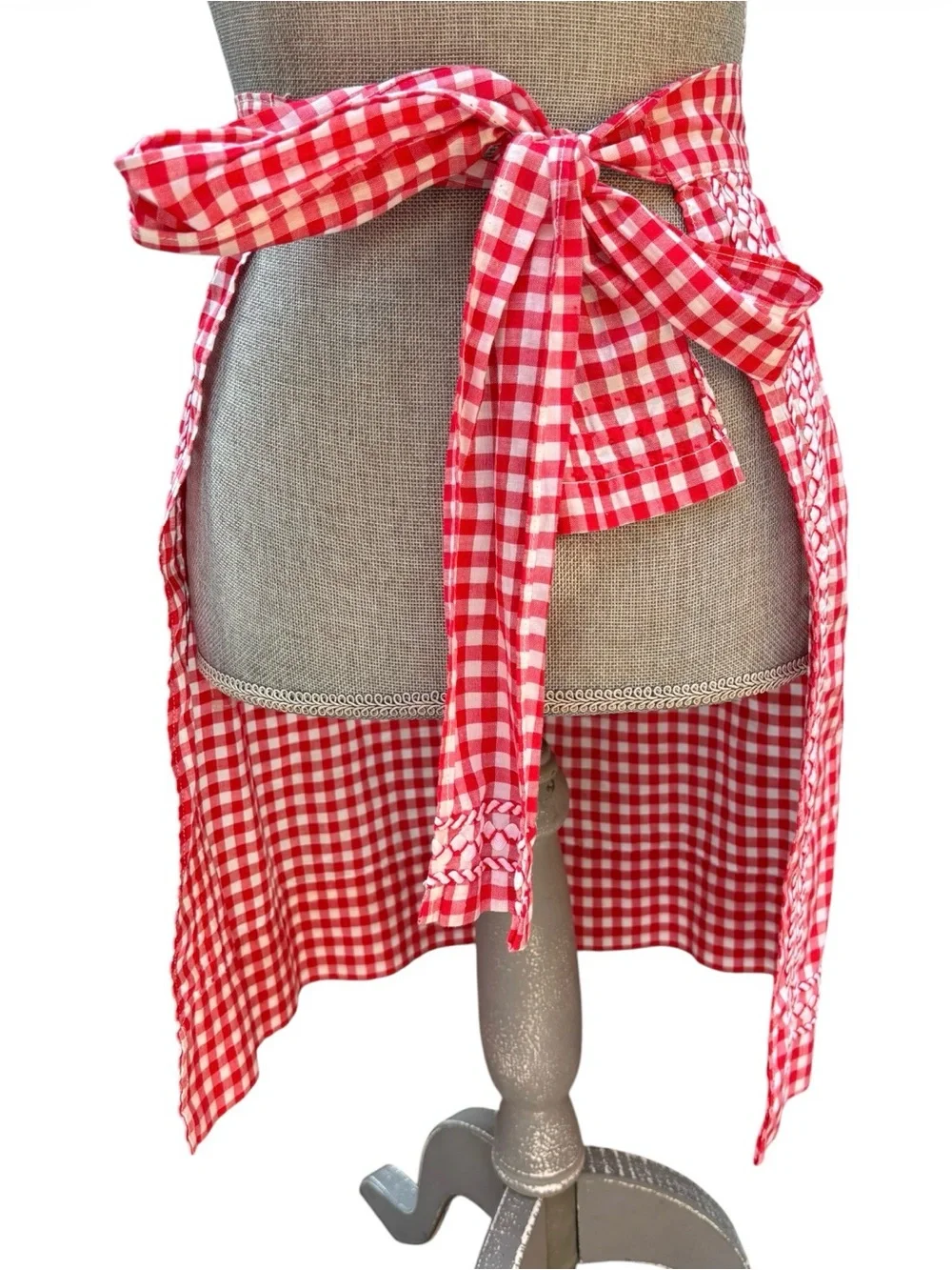 Vintage Red & White Gingham Half Apron with Pockets & Woven Detail Cottagecore